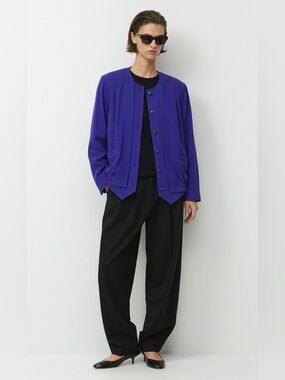 Mondi Escada Vintage Layered Bomber Jacket Size 12 Large Purple Wool Blend 80s